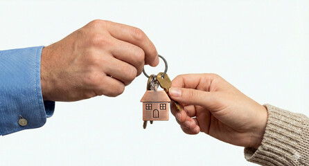 Hands on a white background handing over house keys