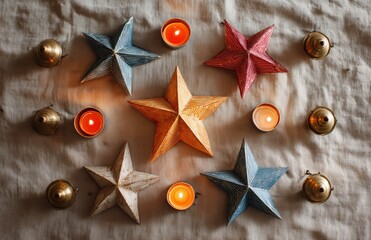 Colorful paper stars and candles festive flatlay