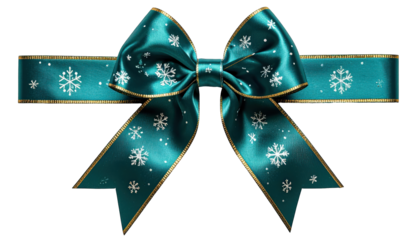 A teal silk bow with gold trim and white snowflakes on a black background