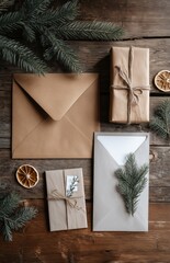 Rustic Christmas gifts and envelopes with natural decor