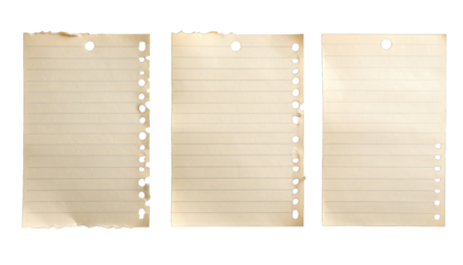Three aged lined papers, punched for a binder, slightly torn, pinned at the top