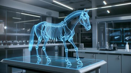 A blue transparent 3D skeleton of a horse on a laboratory table with medical equipment and cabinets in the background.