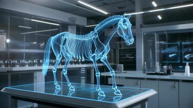 A blue transparent 3D skeleton of a horse on a laboratory table with medical equipment and cabinets in the background.
