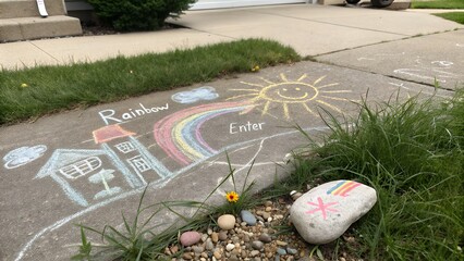 A colorful chalk drawing of a rainbow and sun on a sidewalk