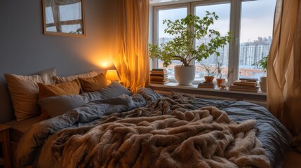 Nestled in a serene corner, this nighttime retreat features soft lighting casting a gentle glow on inviting layers of blankets. A lush plant graces the window, adding a touch of nature