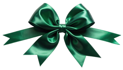 A lush, emerald green satin bow with detailed folds and long, flowing tails on black