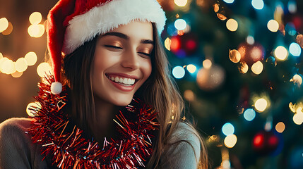 A woman in a Santa hat and red tinsel stands by a decorated Christmas tree, creating a vibrant New Year's portrait for holiday cards and advertising materials