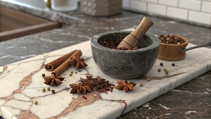 A gray stone mortar and pestle with spices on a marble board