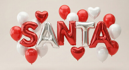 A festive and cheerful Christmas composition featuring the word SANTA spelled out in large, glossy metallic foil balloons