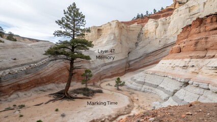 A solitary pine tree beside a striated wall of ancient sediment layer 47 memory marking time word