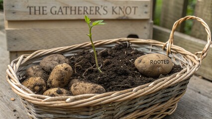 A young potato sprout growing in a rustic woven basket with gatherer's knot word