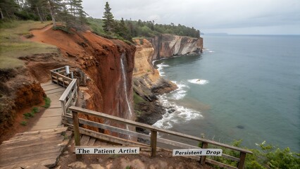A Waterfall Cascades Down a Colorful Cliff into the Sea with the patient artist persistent drop text