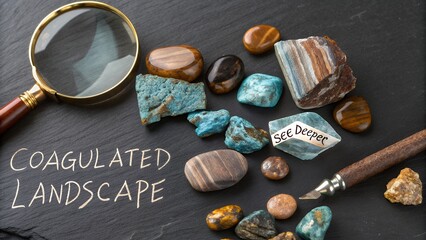 An assortment of raw gemstones arranged on a dark slate surface with coagulated landscape text
