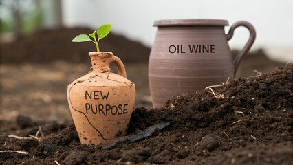 Cracked clay pot with New Purpose and oil wine holds a growing green sprout