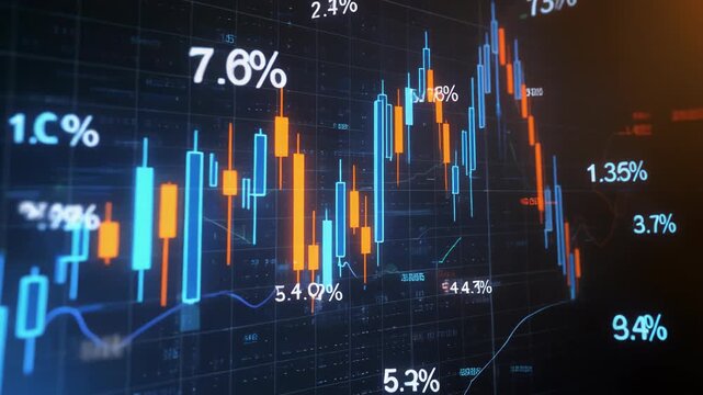 Close-up of a stock market graph with blue and orange bars on a dark background with various percentage numbers.