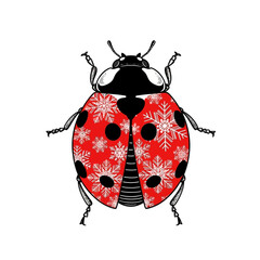 A detailed illustration of a ladybug with red wings adorned with white snowflake patterns, set against a white background.