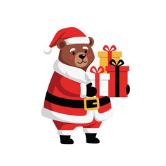 A cute cartoon bear dressed as Santa Claus holding a stack of Christmas presents, isolated on a white background.
