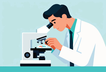 Scientist peers through microscope at a petri dish