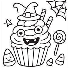 Cute Halloween Monster Cupcake with Witch Hat Coloring Page