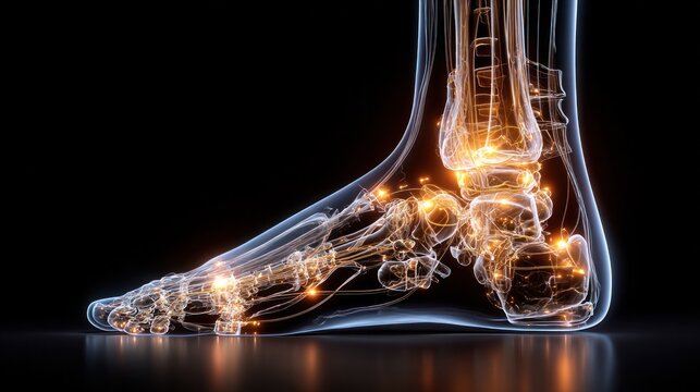 Human Foot Anatomy: A detailed, illuminated view showcasing the intricate skeletal structure of a human foot, with bones and ligaments clearly visible against a dark background.