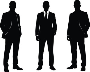 Business silhouette, formal attire, professional posture, male figures, standing group, black vector, flat design, office fashion, corporate style, executive presence