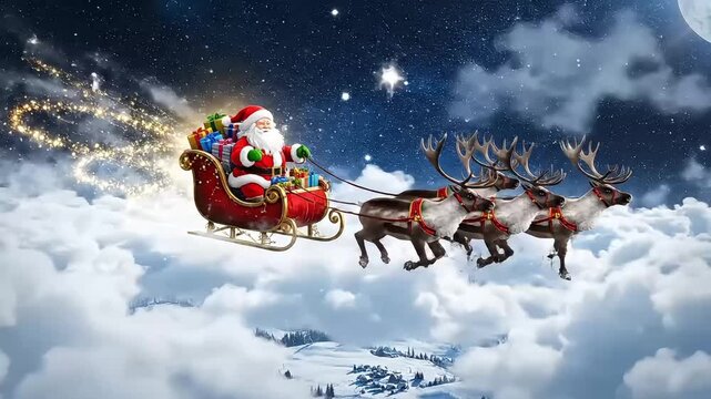 Santa Claus flying in his sleigh pulled by reindeer across a magical starry night sky above snowy mountains and clouds.