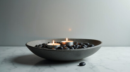 Two candles over black pebbles - tranquility, serenity Zen concept