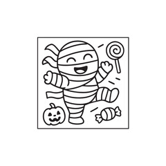 Title Cute Happy Mummy Dancing with Halloween Candy Coloring Page