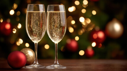 Two champagne glass clinking with sparkling wine beside red and gold ornaments under warm holiday lights