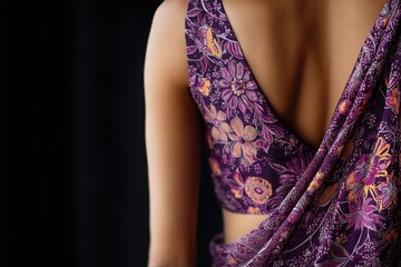 Woman in Vibrant Floral Fabric Draped in Ethereal Fashion Display