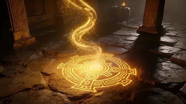 Mystical Ancient Rune Circle Emitting Golden Energy.