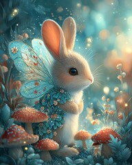 A whimsical rabbit with butterfly wings in a magical forest.