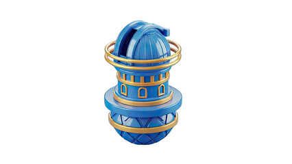 Blue and Gold Toy Observatory on White Background