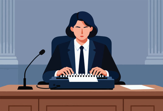 Person in suit typing on stenotype machine at a desk with microphone