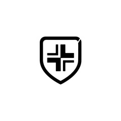 Obraz premium Minimalist black and white shield icon with a stylized medical cross, representing general healthcare, protection, safety, and security concepts. isolated on transparent background