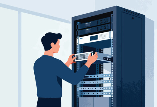 Person installs network hardware into a server rack - Powered by Adobe