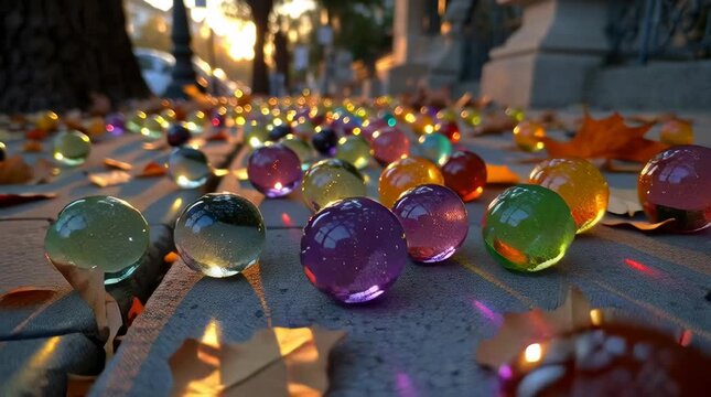Colorful marbles rolling sidewalk autumn leaves