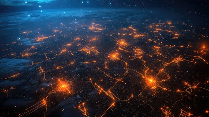 A smart power grid visualized, with glowing pulses of energy flowing through a vast network, automatically re-routing around faults and balancing loads across a continent, high-angle view, 