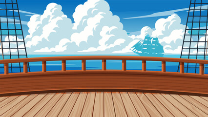 View from a wooden ship deck overlooking the ocean with a distant island and cloudy sky. © PDWN Creative