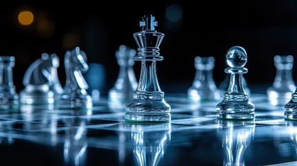 glass chessboard with elegant, minimalist pieces in mid-game, set on a dark, reflective surface. Strategic thinking, competition, and corporate concept. Dramatic, high-contrast lighting.