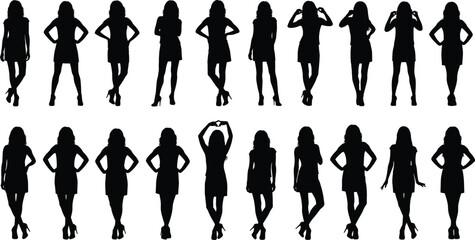 Collection of twenty female silhouettes in short dresses, women standing in various fashion poses, girl figure set, isolated vector shapes.