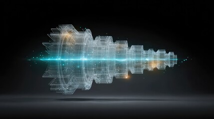 Holographic blueprint of a complex jet engine, floating in mid-air, glowing cyan lines and data points, engineering precision, dark minimalist background 