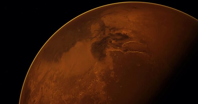 A captivating view of Mars reveals its distinct reddish surface and intricate features, showcasing the planets unique terrain and atmospheric layers in a clear setting.