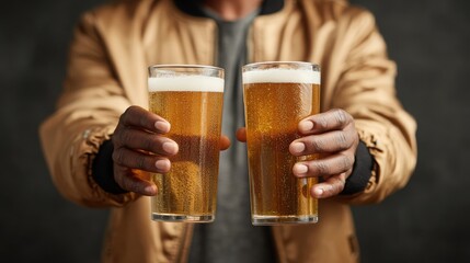 Young black man in tan bomber jacket offers two frosty beer pints toward camera against dark studio background, concept of friendly pub invitation and social celebration