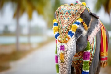Naklejka premium Ornately Decorated Elephant in Colorful Traditional Attire