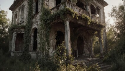 Fototapeta premium Abandoned Haunted House Overgrown with Vines and Foliage.