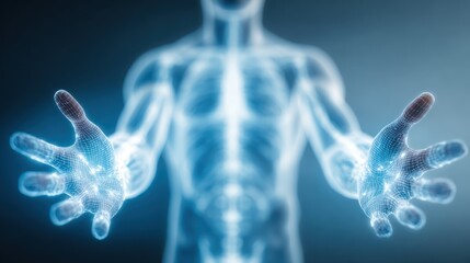 Glowing human body displaying anatomical, hands-out, digital grid-like effect