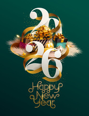 Happy New Year greetings. Greeting banner whit numbers 2026, golden ribbon, and gift boxes.Holiday greeting poster.