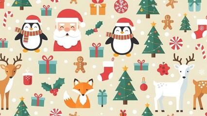 Seamless Pixel Art Christmas Pattern with Santa, Reindeer, Penguins, Fox, Trees, and Holiday Decorations