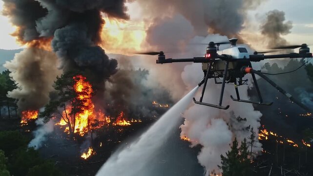 Drone helps put out wildfires in forest with smoke and flames during the day in summer